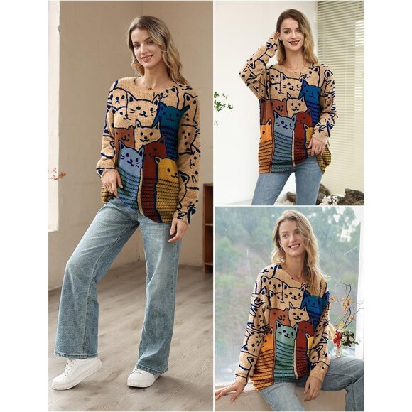 Women Christmas Sweater Graphic Print Oversized Pullover Floral 064 Loose Top - Picture 4 of 6